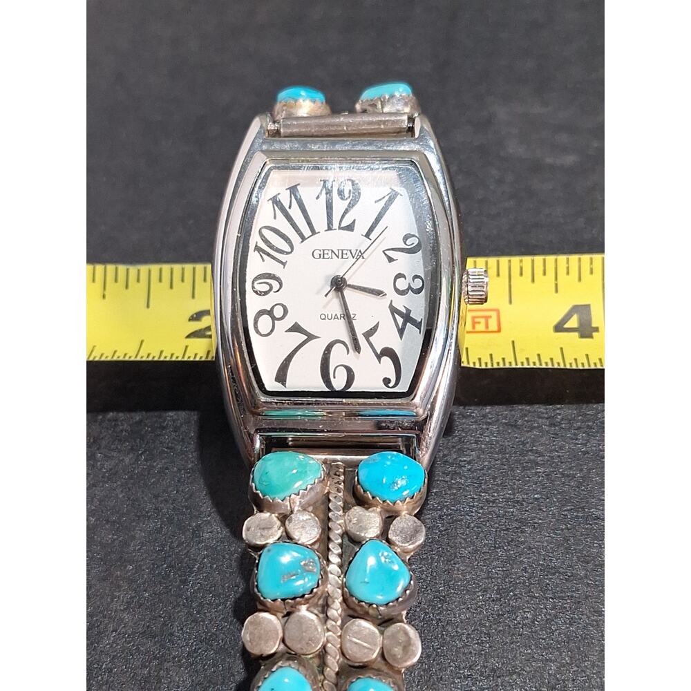 Sterling Silver Turquoise Watch Cuff w/ Geneva Quartz Watch Southwestern Runs! - Picture 10 of 11